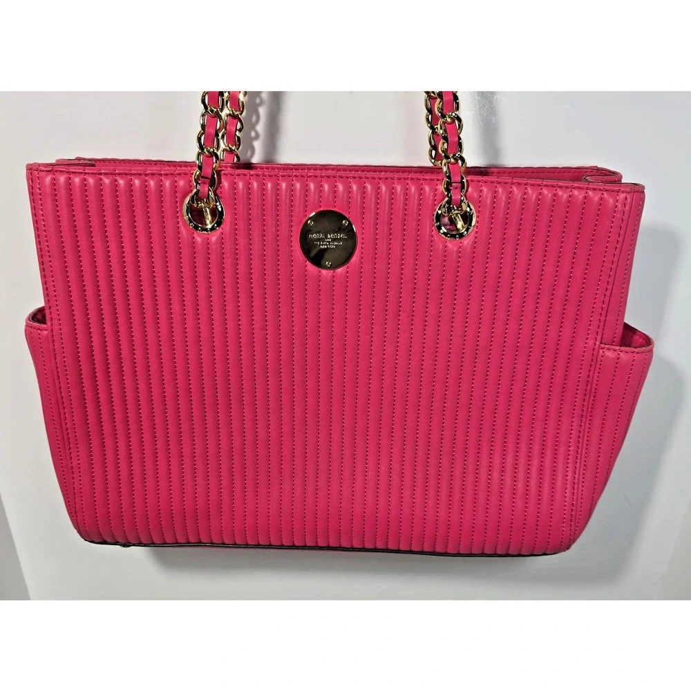 Henri Bendel No 7 Hot Pink Leather Tote Bag Quilted Vertical Chain East West